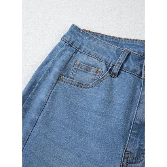 Women's Wide Leg High Waisted Denim Jeans Raw Hem Plus Size Blue - Picture 6 of 8